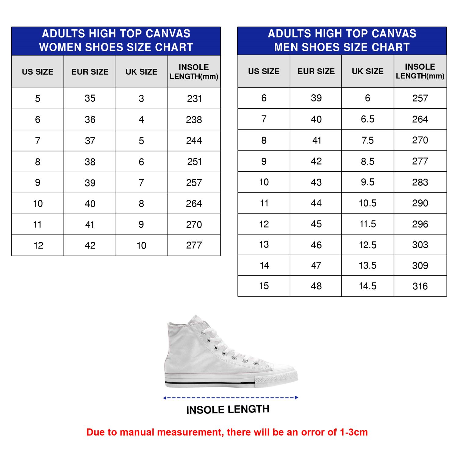 High Top Shoes Size Chart